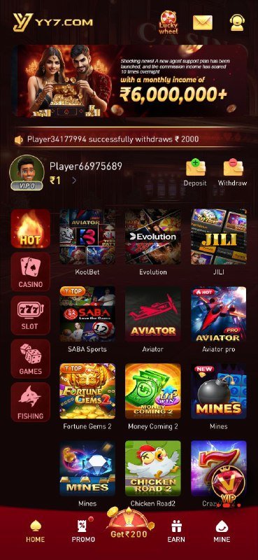 Y77 Game homepage banner with bonus offer and online gaming features